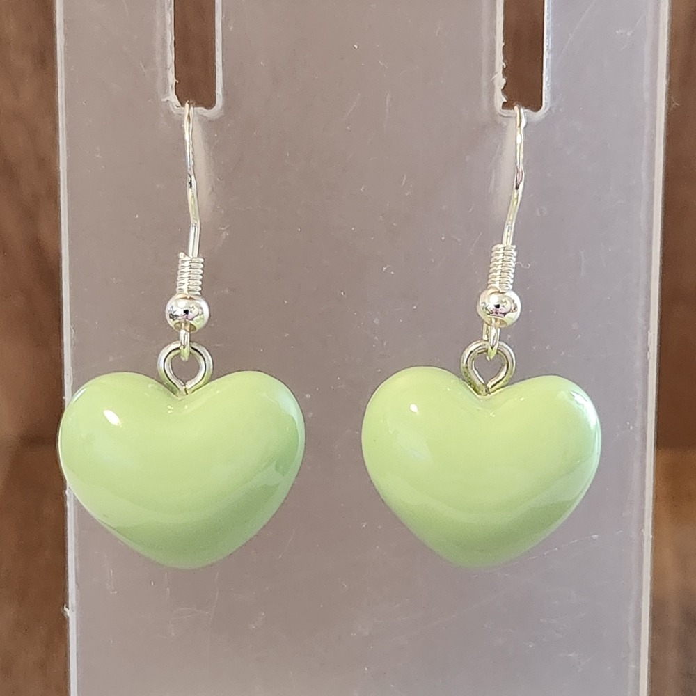 Mint Green Heart Drop Earrings Silver Tone Fishhook Puffy Heart Dangle Retro Y2K